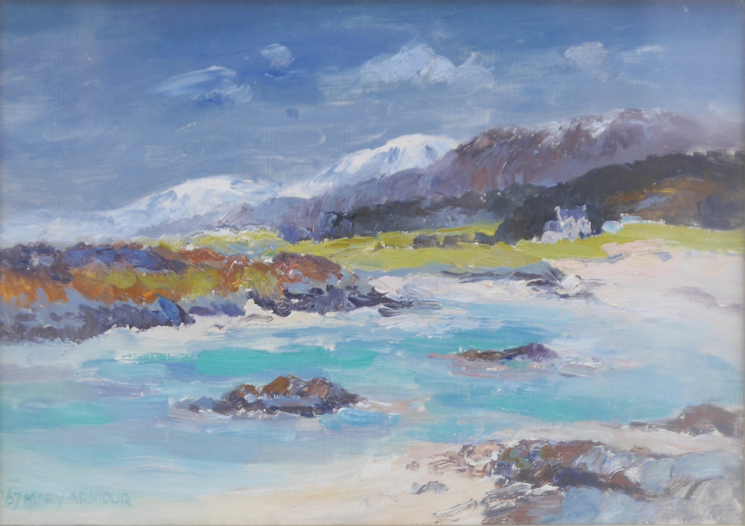 Mary Armour RSA, RSW (Scottish, 1902-2000), oil on board, 'The Coolins from Arisaig', label verso, signed and dated '67, 25 x 33cm, housed in a gilt frame. Condition - good